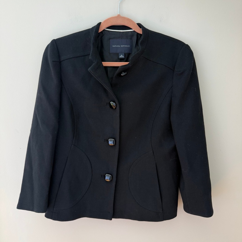 Banana Republic Womens 6 Black 100% Wool Textured Stand Collar Blazer Jacket